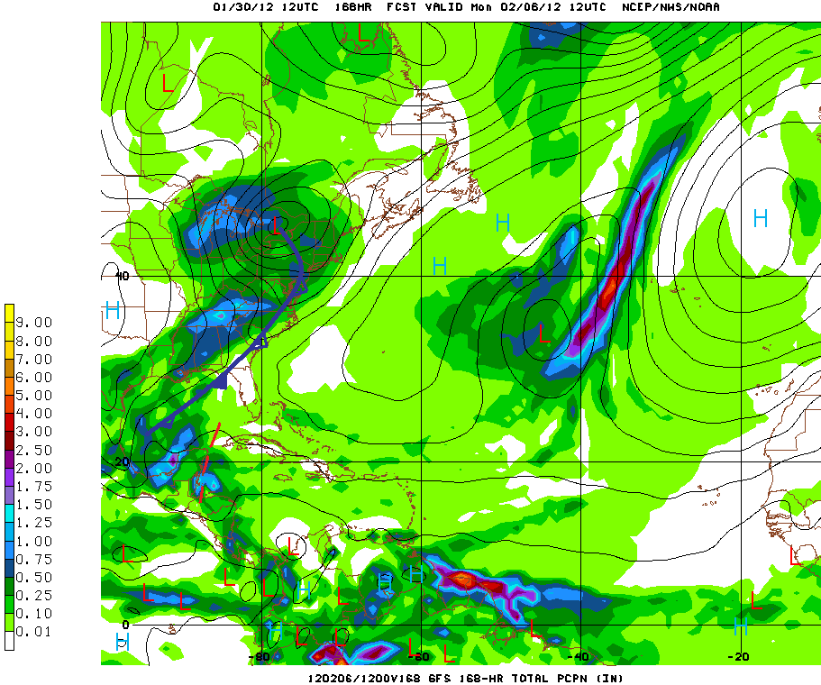 Fig. 3 GFS model, 24 hour rainfall projection, showing accumulations of 0.75-1.00 inch of rainfall over the coast of Belize, as of 6:00 pm, Monday, Feb. 6, 2012, as cold front approach from the NW.